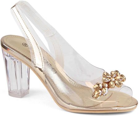 Transparentne sandały damskie na słupku z cyrkoniami złote Potocki WS43305