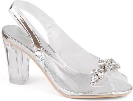 Transparentne sandały damskie na słupku z cyrkoniami srebrne Potocki WS43305