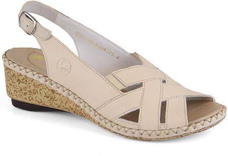 Skórzane komfortowe sandały damskie na koturnie beżowe Rieker 66189-60