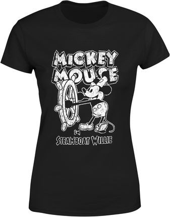 Myszka Miki Vintage Steamboat Willie Mickey Mouse Damska koszulka (L, Czarny)