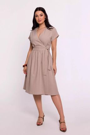 Elegancka sukienka z wiązaniem o rozkloszowanym dołem (Beżowy, XL)