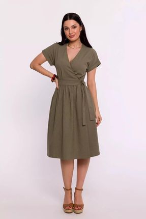 Elegancka sukienka z wiązaniem o rozkloszowanym dołem (Oliwkowy, XL)