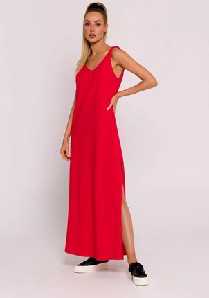 Casualowa sukienka maxi z wysokim rozcięciem na nodze (Czerwony, XL)