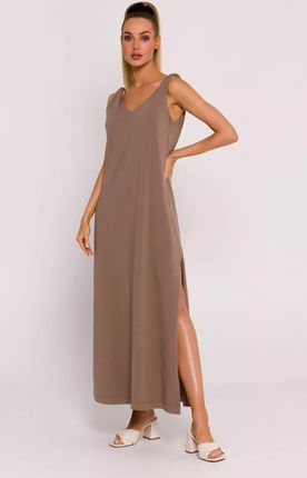 Casualowa sukienka maxi z wysokim rozcięciem na nodze (Czekoladowy, XL)