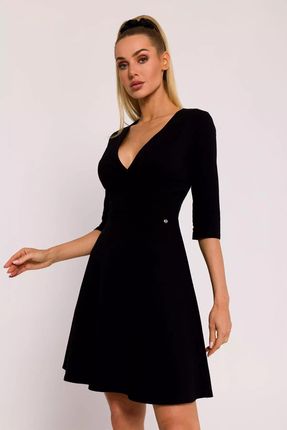 Elegancka sukienka z dekoltem w kształcie litery V i długim rękawem (Czarny, S)