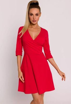 Elegancka sukienka z dekoltem w kształcie litery V i długim rękawem (Czerwony, S)