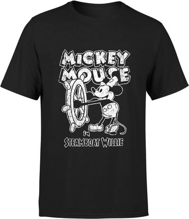 Myszka Miki Vintage Steamboat Willie Mickey Mouse Męska koszulka (XL, Czarny)