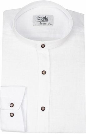 Modna koszula męska ze stójką dopasowana koszula slim biała bawełna imitacja lnu len L-41/42
