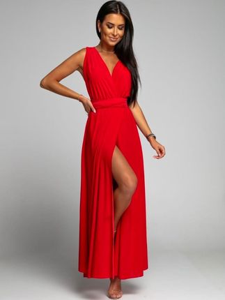 Elegancka maxi sukienka z wiązaniem czerwona AZR777
