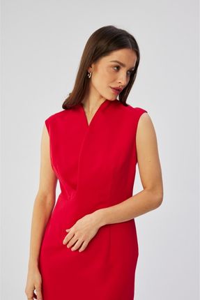 S360 Sukienka z finezyjnym dekoltem na zakładkę - czerwona (kolor red, rozmiar S)