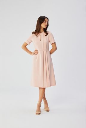 S361 Sukienka z ozdobnymi zakładkami na boku - pudrowa (kolor POWDER, rozmiar XL)