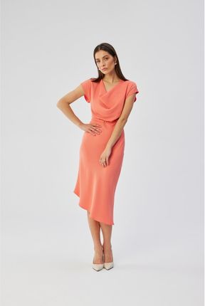 S362 Sukienka asymetryczna z dekoltem typu woda - pomarańczowa (kolor ORANGE, rozmiar S)