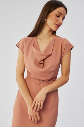 S362 Sukienka asymetryczna z dekoltem typu woda - różana (kolor rose, rozmiar L)