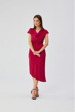 S362 Sukienka asymetryczna z dekoltem typu woda - śliwkowa (kolor plum, rozmiar XL)