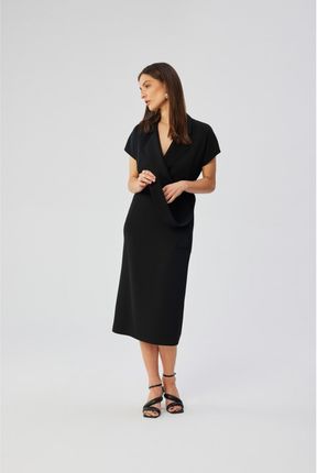 S363 Sukienka midi z kołnierzem - czarna (kolor black, rozmiar S)