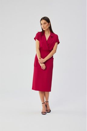 S363 Sukienka midi z kołnierzem - śliwkowa (kolor plum, rozmiar S)
