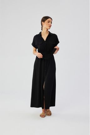 S364 Sukienka maxi rozpinana z krótkimi rękawami - czarna (kolor black, rozmiar S)