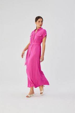 S364 Sukienka maxi rozpinana z krótkimi rękawami - liliowa (kolor LILAC, rozmiar S)