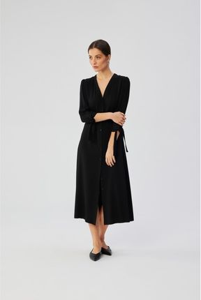 S365 Sukienka midi z wiązanymi mankietami - czarna (kolor black, rozmiar S)