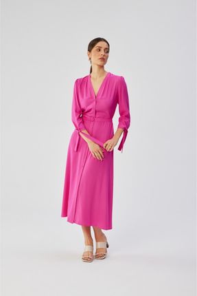 S365 Sukienka midi z wiązanymi mankietami - liliowa (kolor LILAC, rozmiar L)