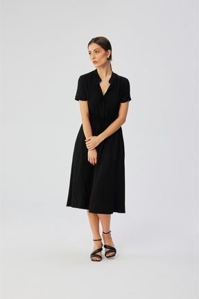 S366 Sukienka ze stójką i wiązaniem w pasie - czarna (kolor black, rozmiar S)