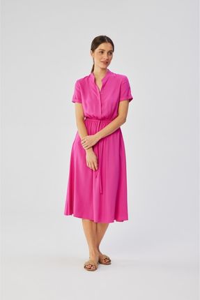 S366 Sukienka ze stójką i wiązaniem w pasie - liliowa (kolor LILAC, rozmiar XL)