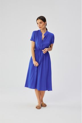 S366 Sukienka ze stójką i wiązaniem w pasie - niebieska (kolor blue, rozmiar M)