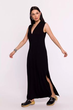 Elegancka sukienka maxi z dekoltem V (Czarny, XL)