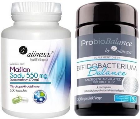 Aliness Zestaw Maślan Sodu 550Mg 100X Vege kaps. + Probiobalance Bifidobacterium Balance 10 Mld. X 30 Vege kaps.