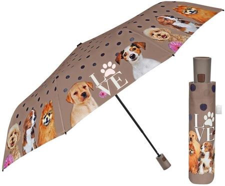 Parasol damski Perletti Time Love&Dogs półautomatyczny składany brązowy