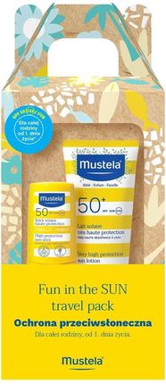 Mustela Fun In The Sun Travel Pack Zestaw Mleczko Spf 50+ 40ml + Sztyft Spf 50+ 9ml