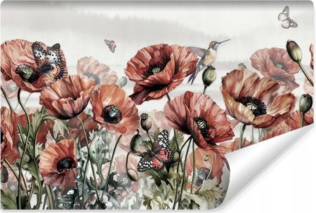 Prineo Fototapeta Ścienna Czerwone Maki Kwiaty Motyle Rośliny Abstrakcja 400x280