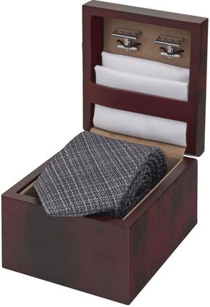 Zestaw Prezentowy dla mężczyzn w kolorze szarym: krawat + poszetka bawełniana + spinki zapakowane w pudełko EM 15