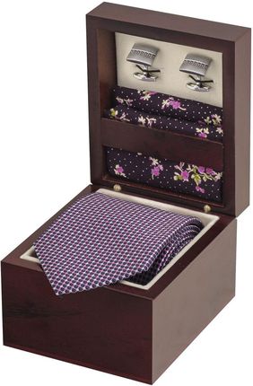Zestaw Prezentowy dla mężczyzn w kolorze fioletowym: krawat + bawełniana poszetka + spinki zapakowane w pudełko EM 22
