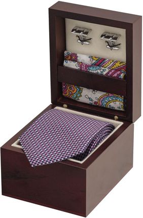 Zestaw Prezentowy dla mężczyzn w kolorze fioletowym: krawat + bawełniana poszetka + spinki zapakowane w pudełko EM 23