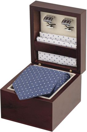 Zestaw Prezentowy dla mężczyzn w kolorze niebieskim: krawat + bawełniana poszetka + spinki zapakowane w pudełko EM 27