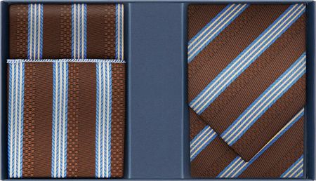 Zestaw prezentowy dla mężczyzny: brązowy w błękitne paski krawat i poszetka EM 2
