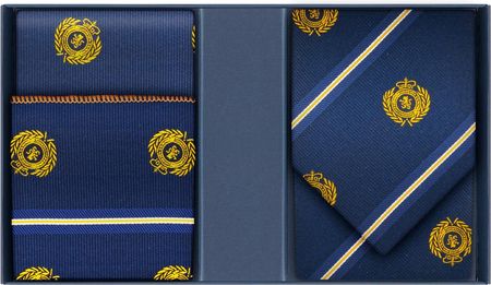 Zestaw prezentowy dla mężczyzny: granatowy w złote wzory krawat i poszetka EM 7