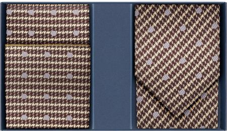 Zestaw prezentowy dla mężczyzny: brązowy w pepitkę i kropki krawat i poszetka EM 8