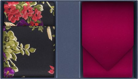 Zestaw prezentowy dla mężczyzny: bordowy gładki krawat i poszetka floral EM 58