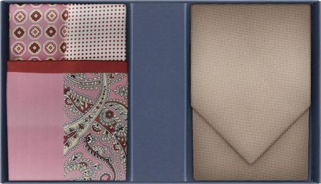 Zestaw prezentowy dla mężczyzny w kolorze beżowo-różowym: krawat i poszetka z jedwabiu EM 19