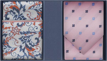 Zestaw prezentowy dla mężczyzny: jedwabny różowy krawat w kwiatki i poszetka jedwabna w paisley EM 61