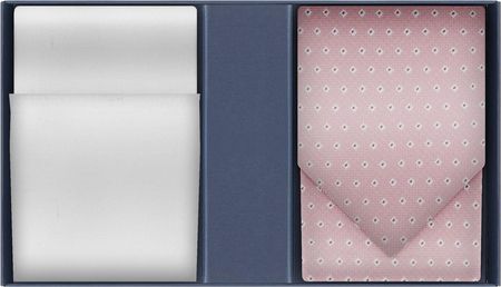 Zestaw prezentowy dla mężczyzny: różowy krawat we wzory i poszetka biała z bawełny EM 60 (1)
