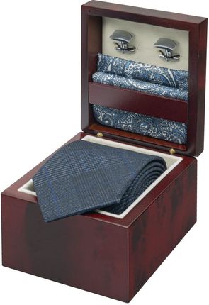 Zestaw Prezentowy dla mężczyzny w kolorze niebieskim: krawat + poszetka jedwabna + spinki zapakowane w pudełko EM 2