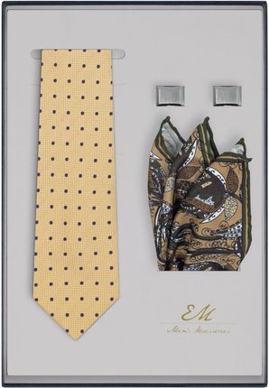 Zestaw prezentowy dla mężczyzny: beżowo-złoty krawat w kropki + poszetka paisley + spinki EM 70