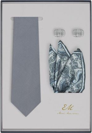Zestaw prezentowy dla mężczyzny: jedwabny szary krawat + jedwabna poszetka paisley + spinki EM 72