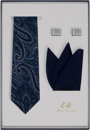 Zestaw prezentowy dla mężczyzny: granatowy krawat w paisley + bawełniana poszetka + spinki EM 73