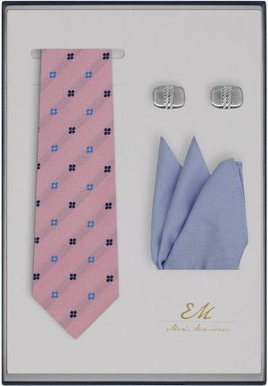 Zestaw prezentowy dla mężczyzny: jedwabny różowy krawat + bawełniana poszetka + spinki EM 73