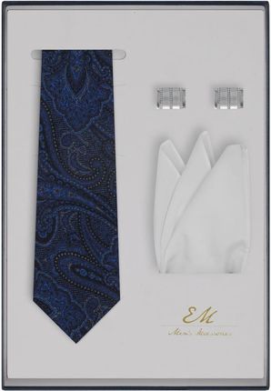 Zestaw prezentowy dla mężczyzny: niebieski krawat w paisley + bawełniana poszetka + spinki EM 74
