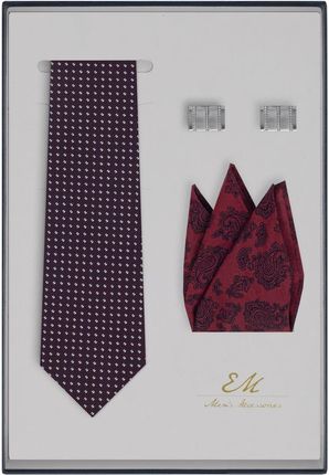 Zestaw prezentowy dla mężczyzny: bordowy krawat w kropki + poszetka w paisley + spinki EM 77